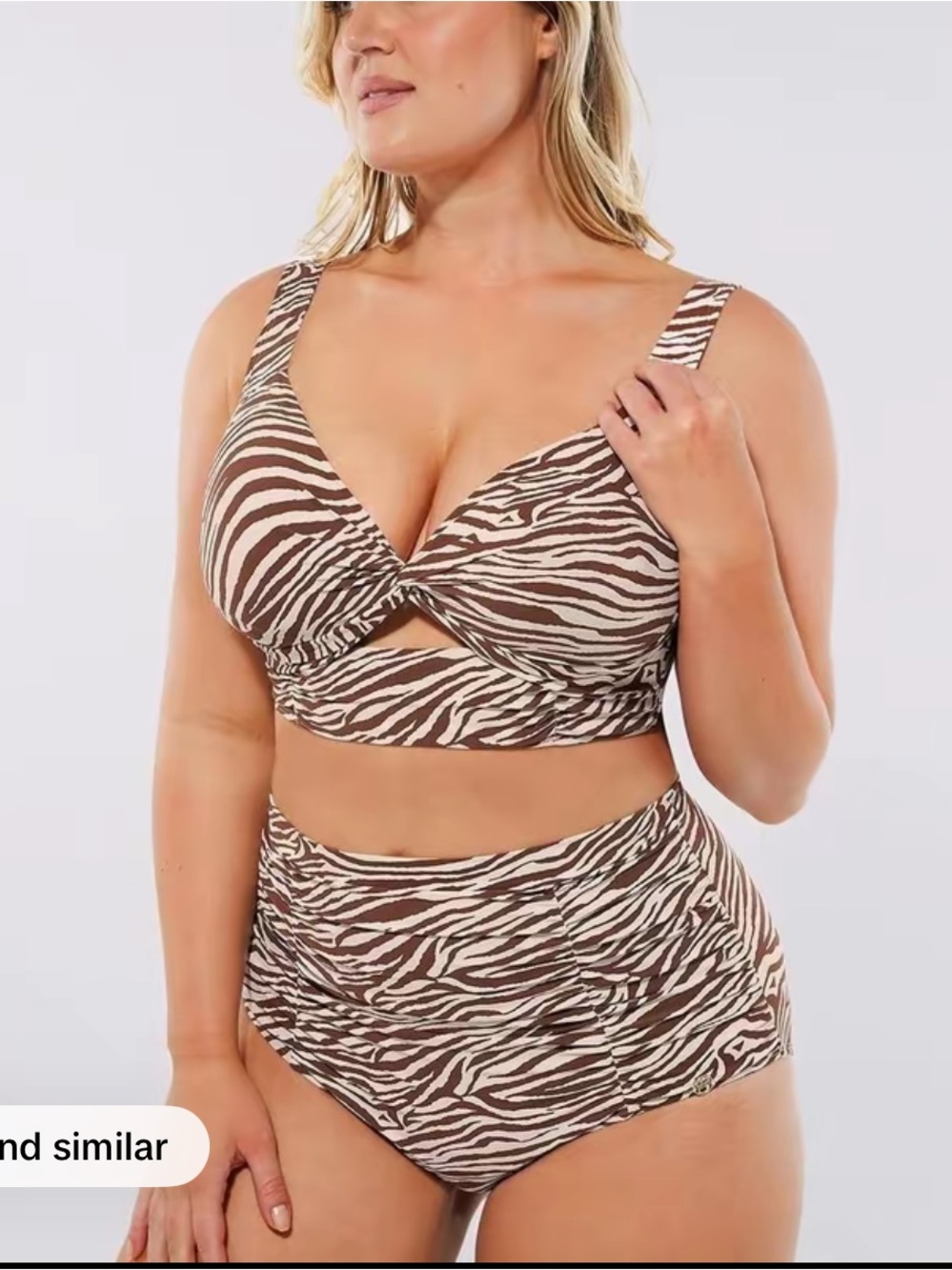 Twist-Front Zebra Print High-Waist Bikini Set - Brown/White
